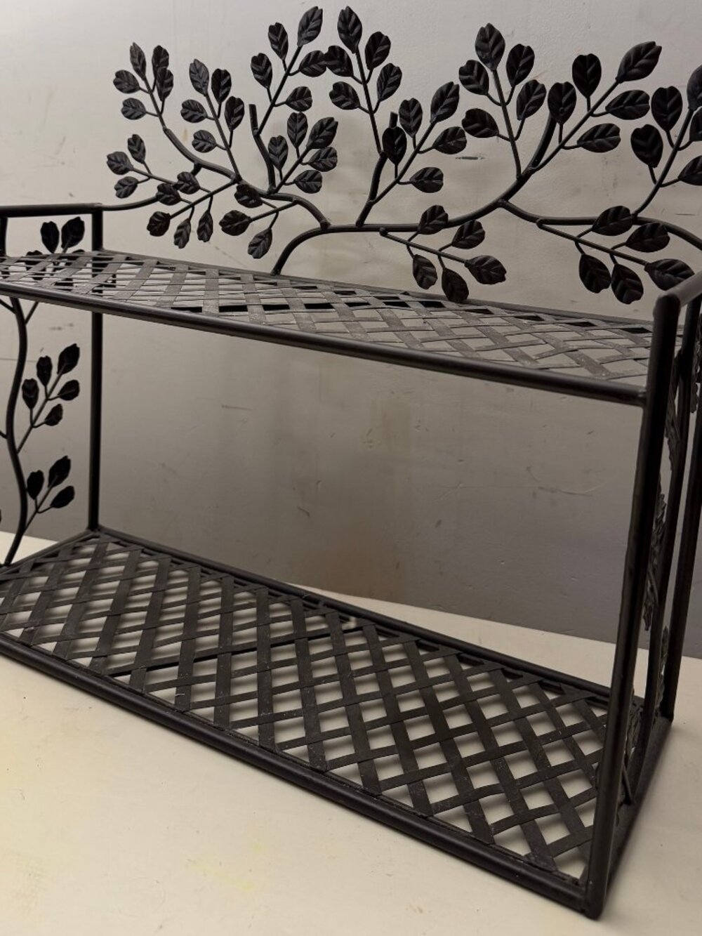 Heavy Iron Hanging Wall Shelf Plant Stand Black Swirl Leaf Design